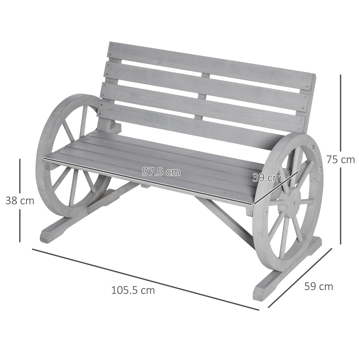 Fir Wood 2 Seater Garden Bench With Wooden Cart Wagon Wheel - Velmora