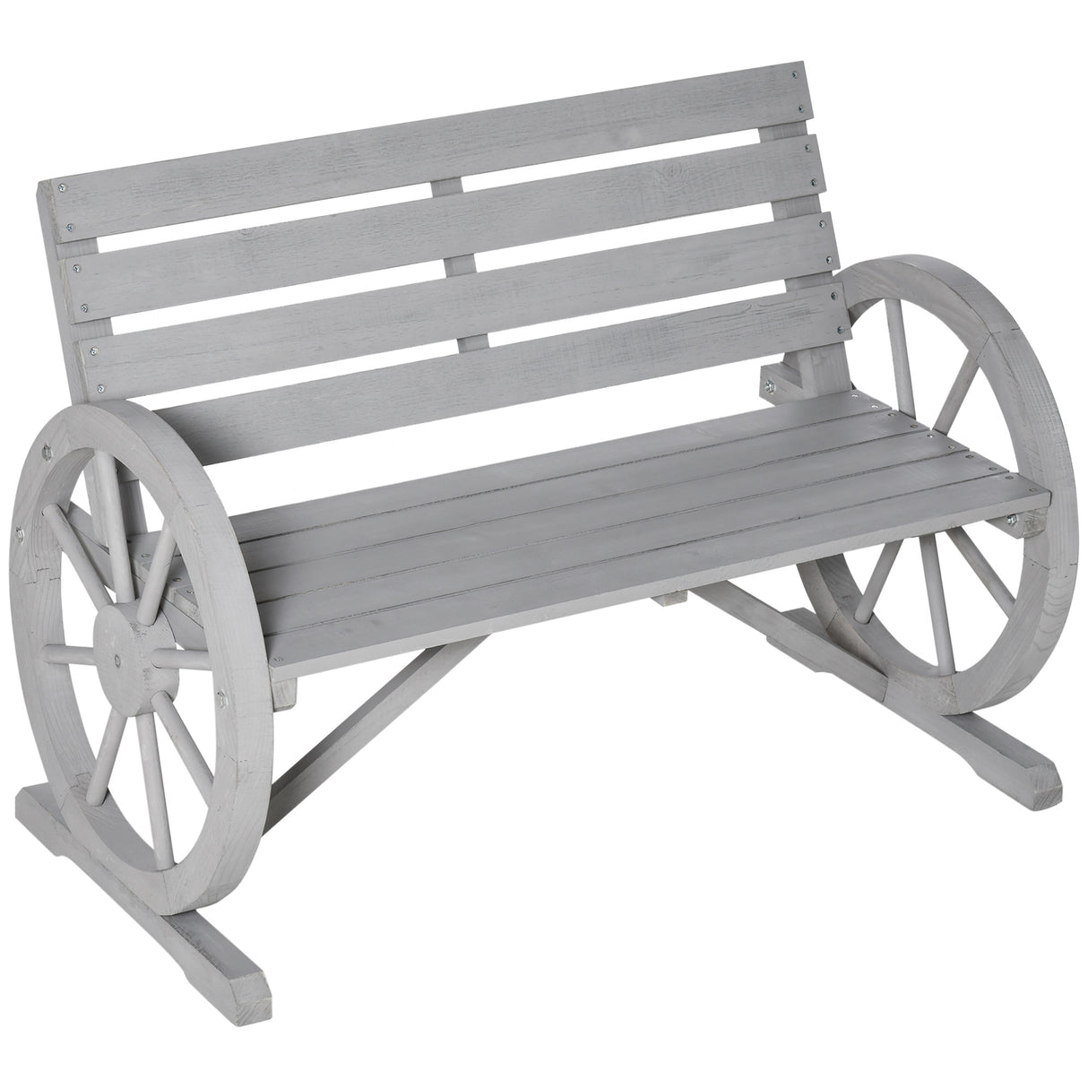 Fir Wood 2 Seater Garden Bench With Wooden Cart Wagon Wheel - Velmora