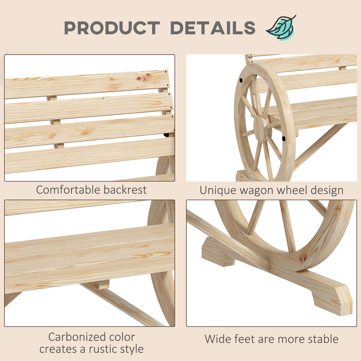 Fir Wood 2 Seater Garden Bench With Wooden Cart Wagon Wheel - Velmora
