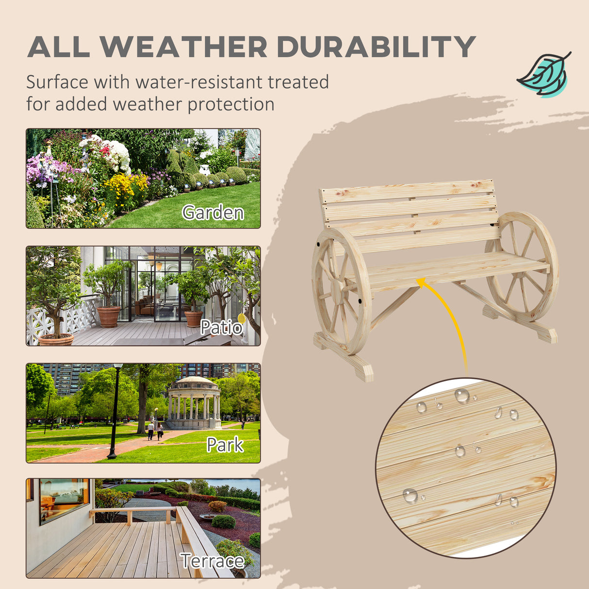 Fir Wood 2 Seater Garden Bench With Wooden Cart Wagon Wheel - Velmora