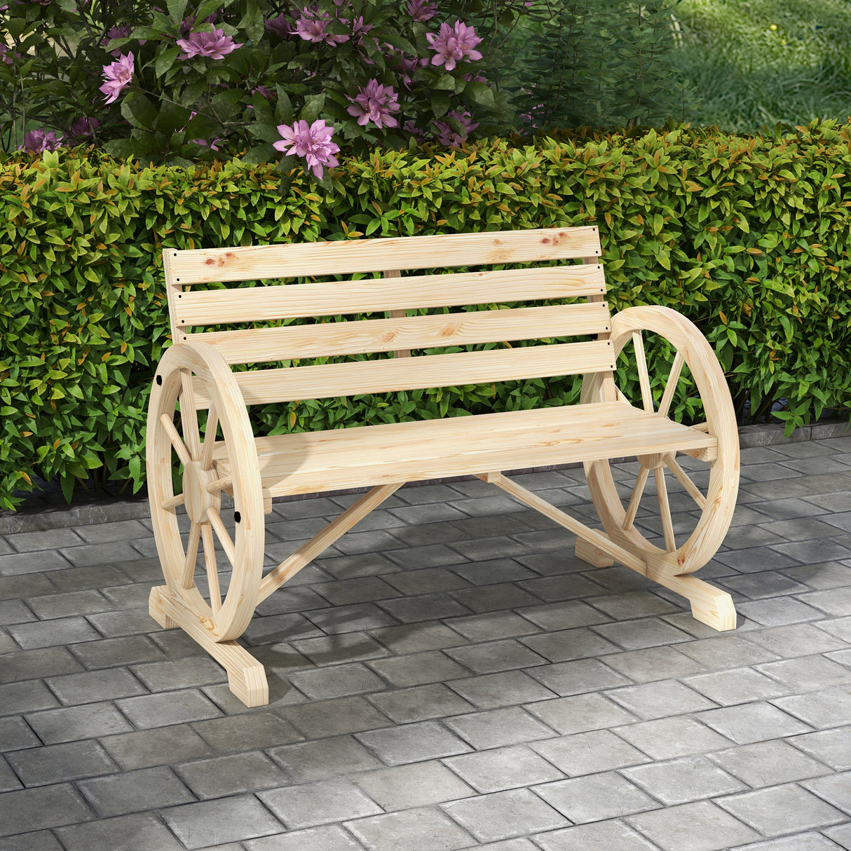 Fir Wood 2 Seater Garden Bench With Wooden Cart Wagon Wheel - Velmora