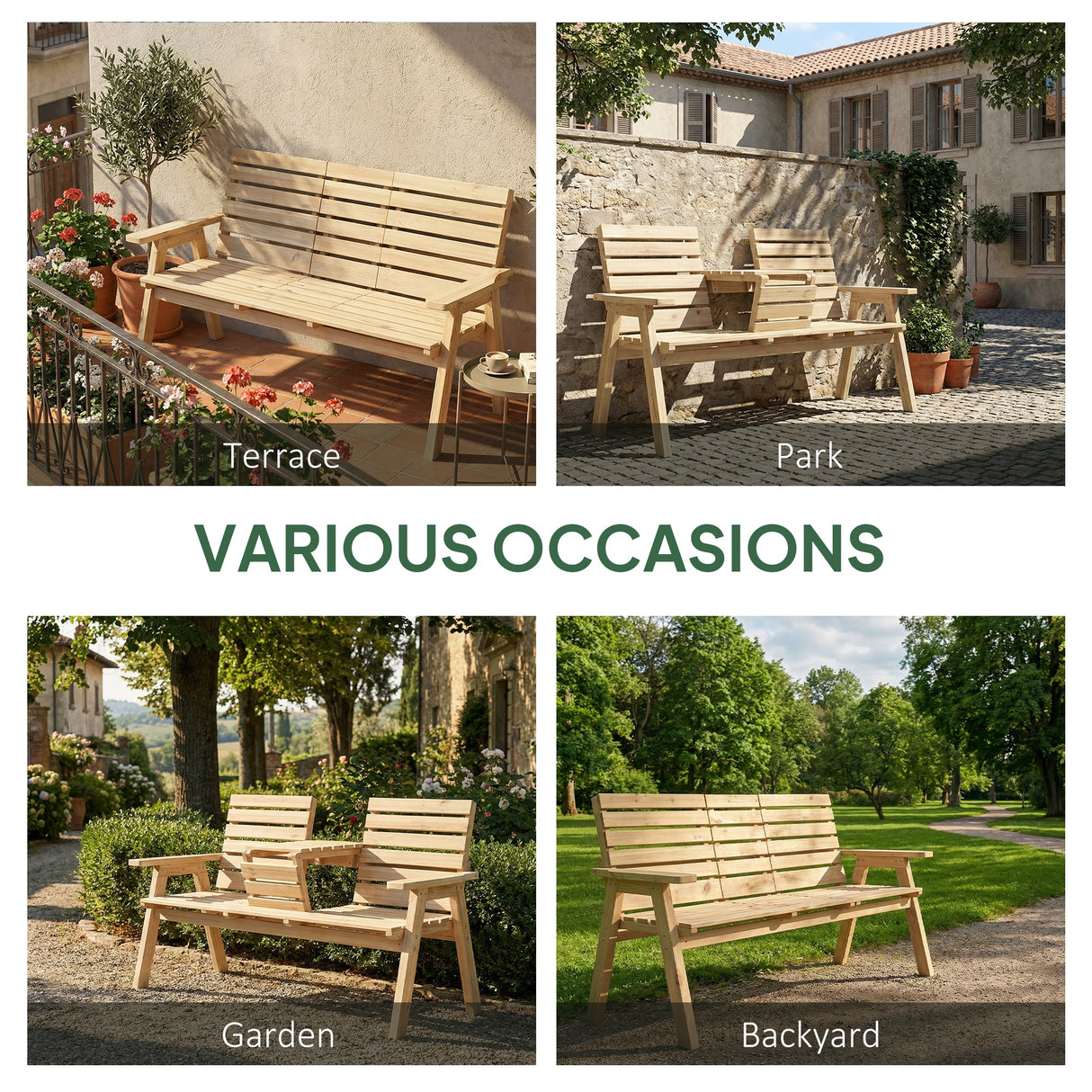 Fir Wood 2 Seater Garden Loveseat Bench Wide With Table And Parasol Hole - Velmora