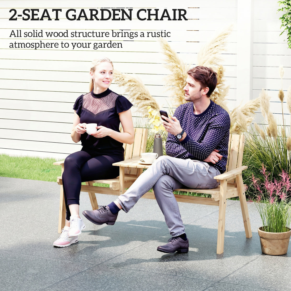 Fir Wood 2 Seater Garden Loveseat Bench With Table And Parasol Hole - Velmora