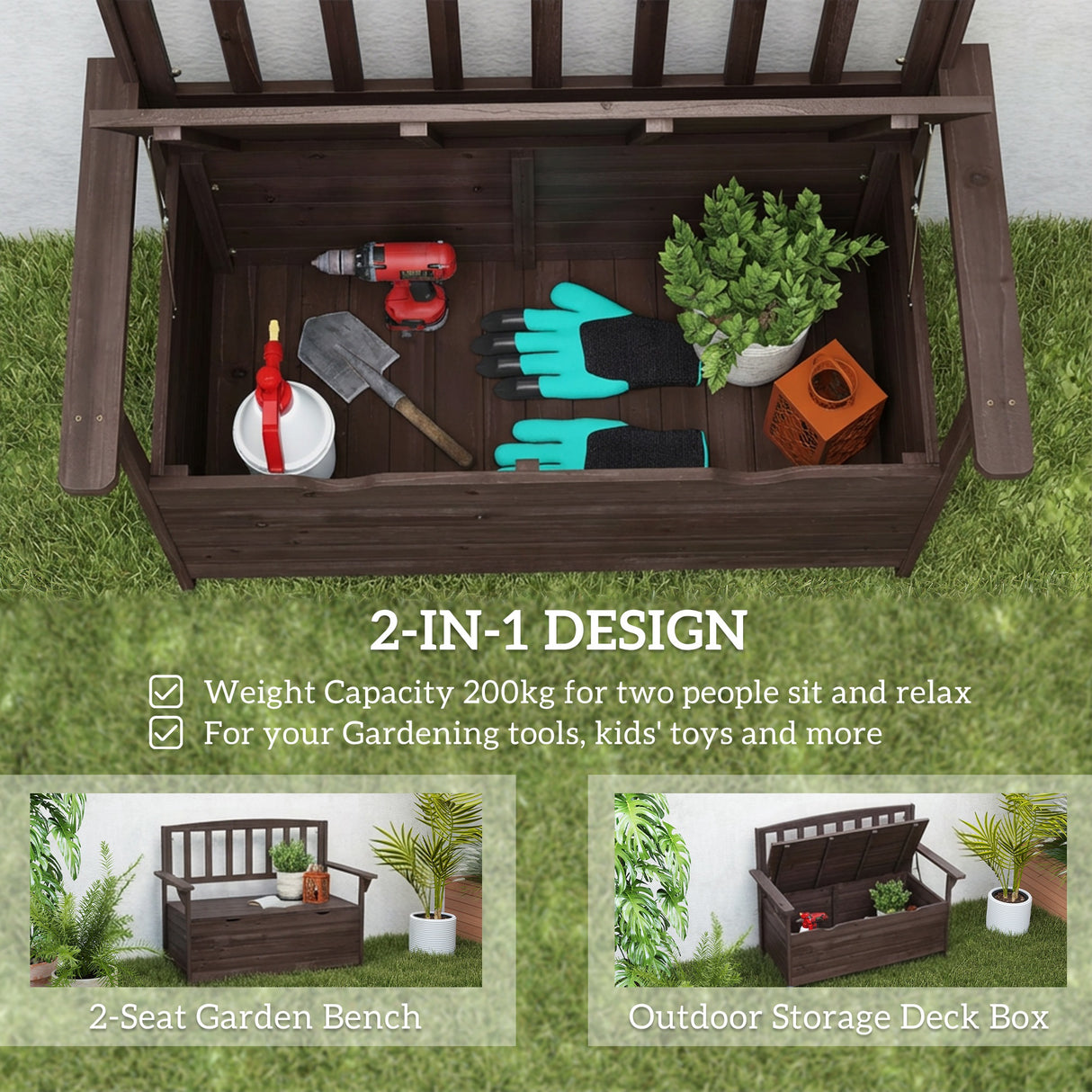 Fir Wood 2 Seater Garden Storage Bench - Velmora
