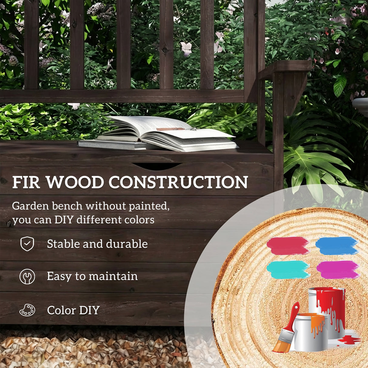 Fir Wood 2 Seater Garden Storage Bench - Velmora