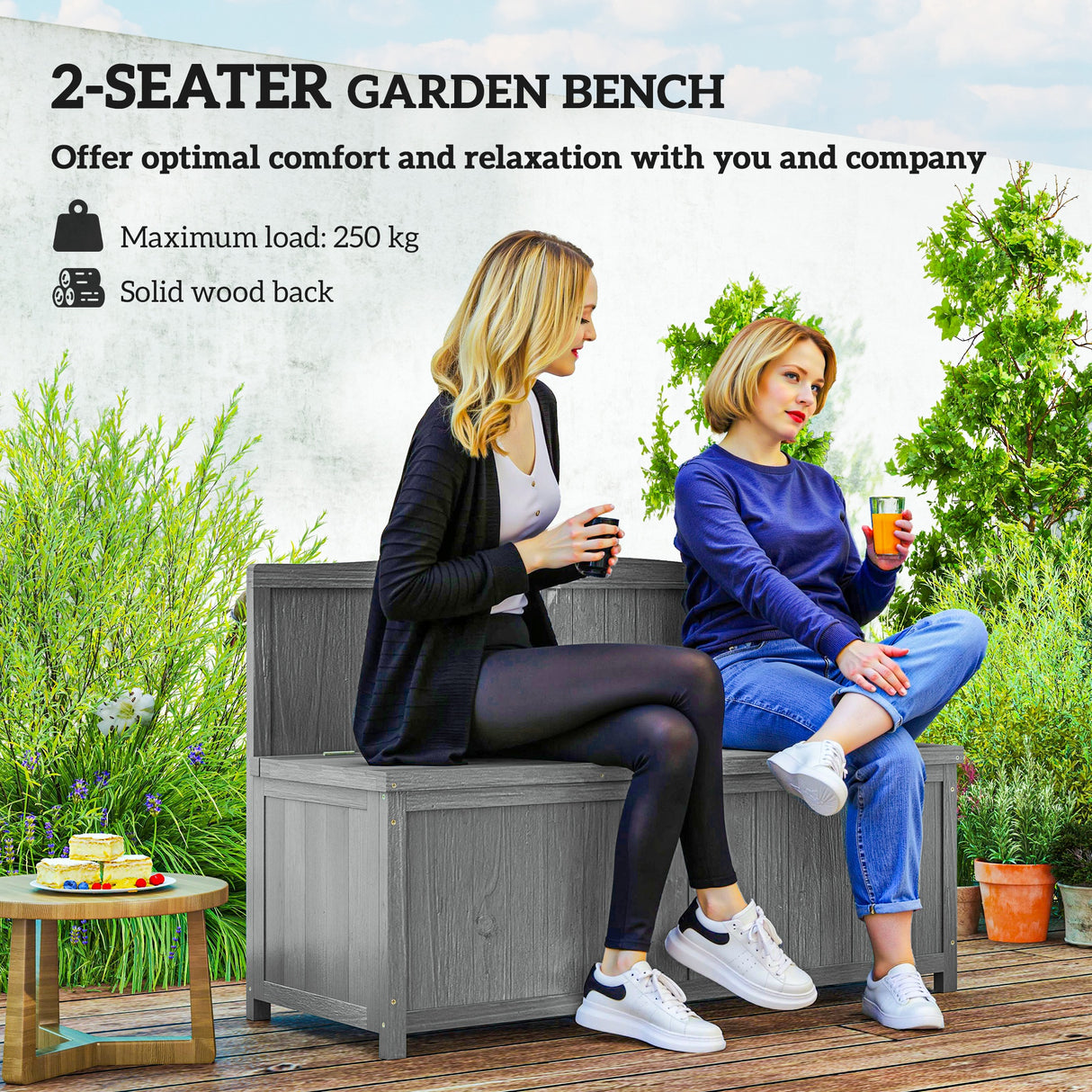 Fir Wood 2 Seater Outdoor Garden Storage Bench - Velmora