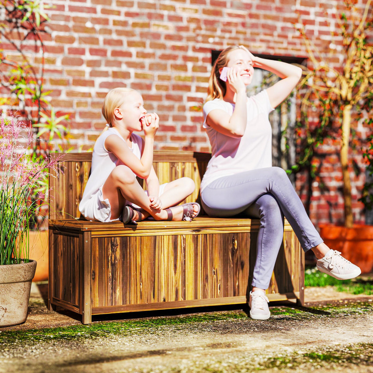 Fir Wood 2 Seater Outdoor Garden Storage Bench - Velmora