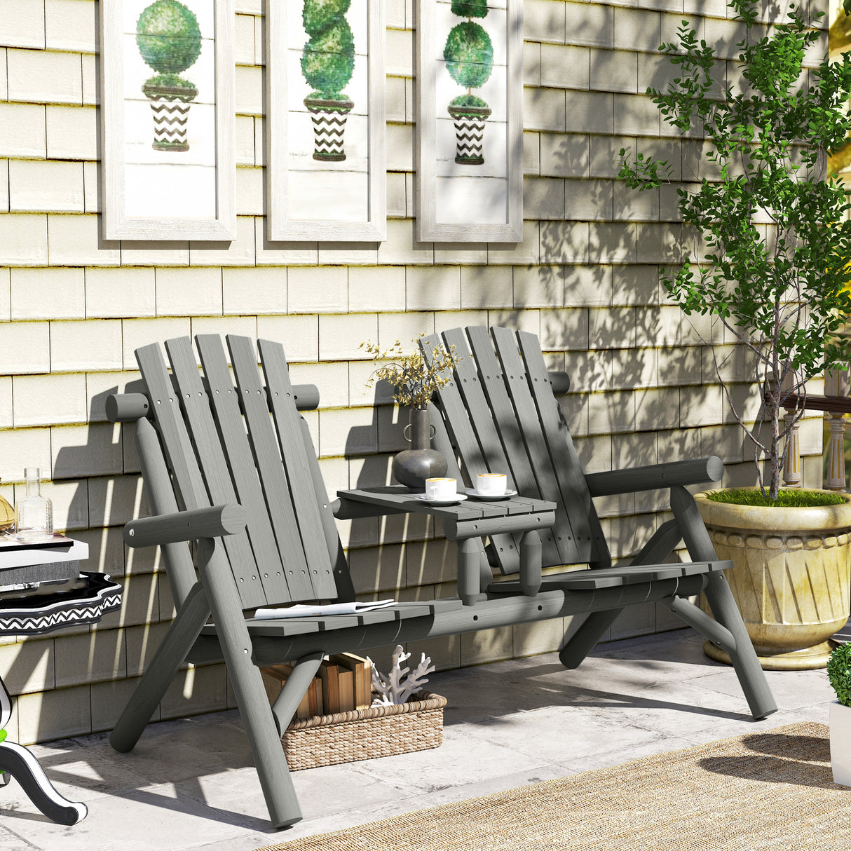 Fir Wood 2 Seats Patio Chair Garden Bench With Center Coffee Table - Velmora