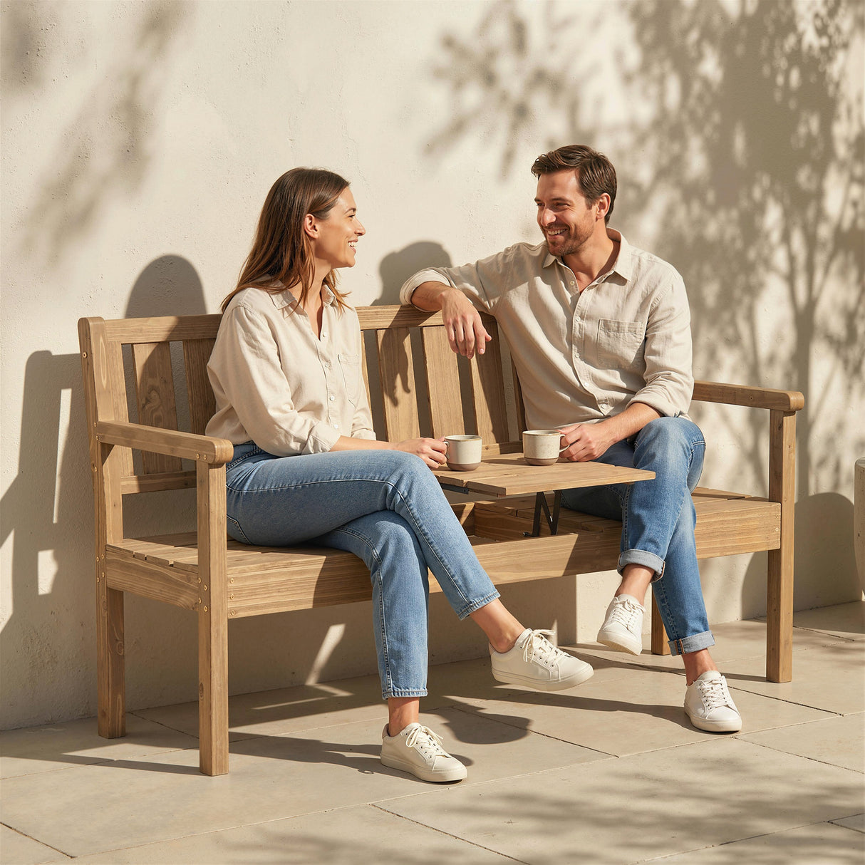 Fir Wood 2 to 3 Seater Garden Bench With Lifetable Table & Shelf - Velmora