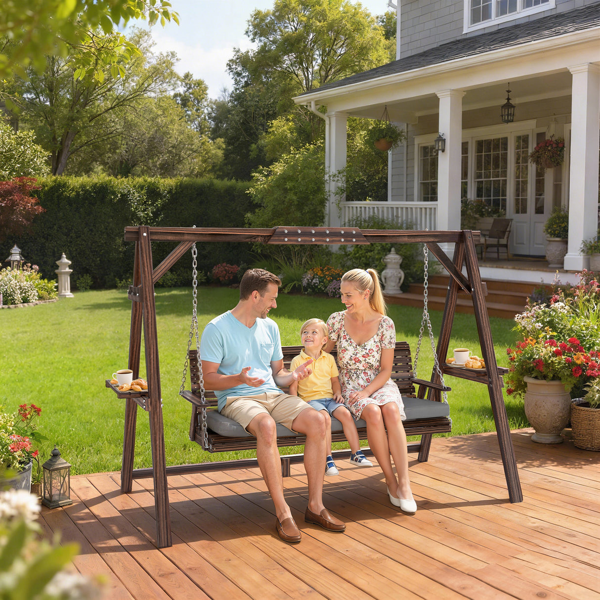 Fir Wood 3 Seater Garden Swing Chair Bench With Side Trays and Metal Chains - Velmora