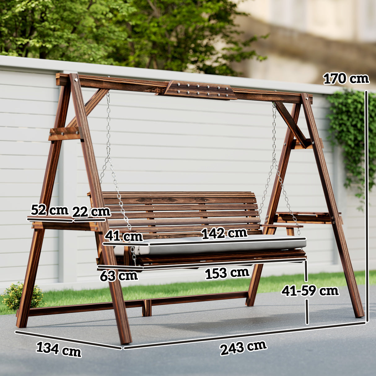 Fir Wood 3 Seater Garden Swing Chair Bench With Side Trays and Metal Chains - Velmora