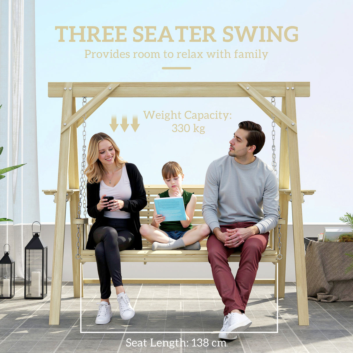 Fir Wood 3 Seater Swing Garden Bench in Rectangular - Velmora