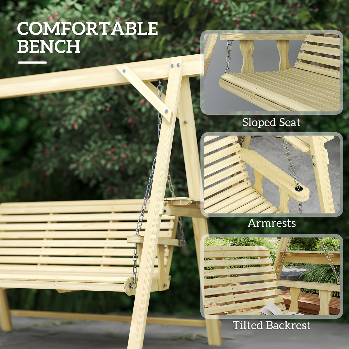 Fir Wood 3 Seater Swing Garden Bench in Rectangular - Velmora