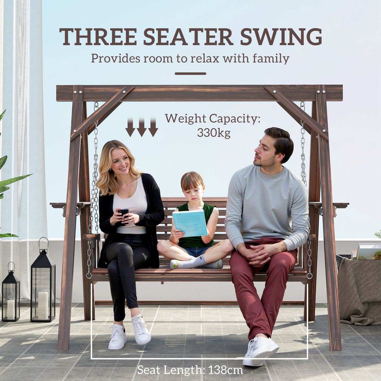 Fir Wood 3 Seater Swing Garden Bench in Rectangular - Velmora