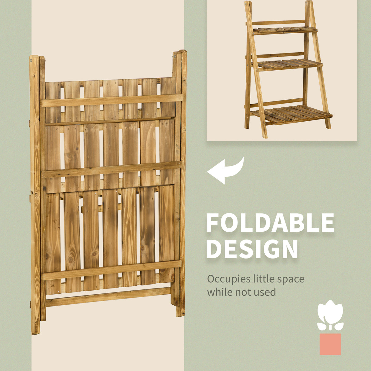 Fir Wood 3 Tier Folding Plant Stand 60cm Wide - Velmora