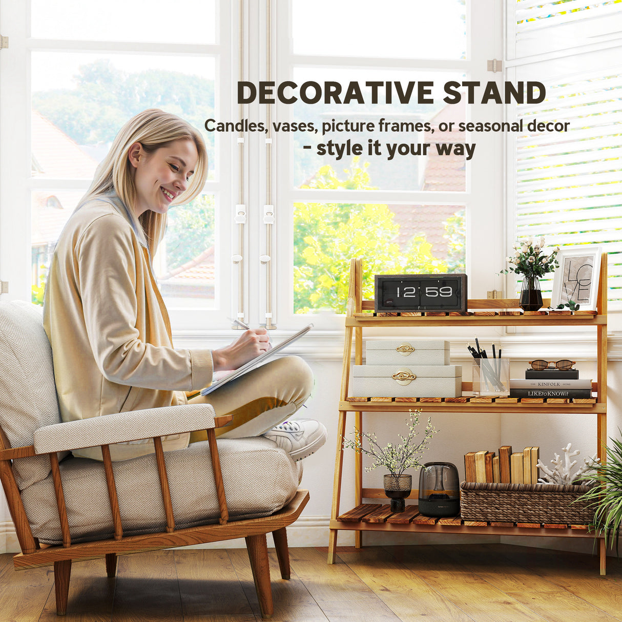 Fir Wood 3 Tier Folding Plant Stand 80cm Wide - Velmora