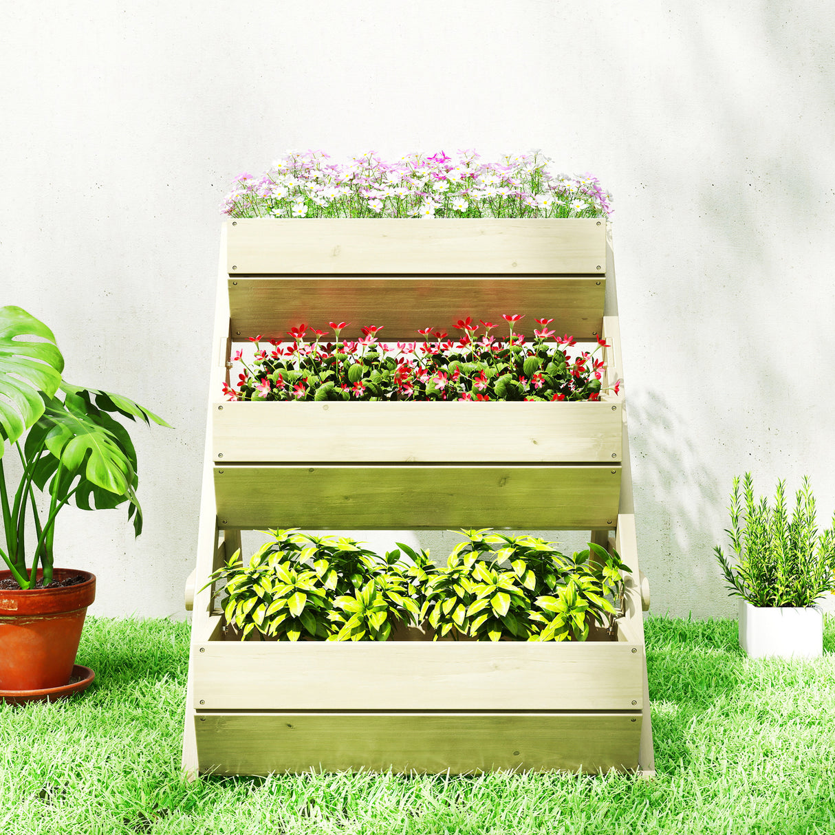 Fir Wood 3 Tier Plant Stand 65cm Wide - Velmora