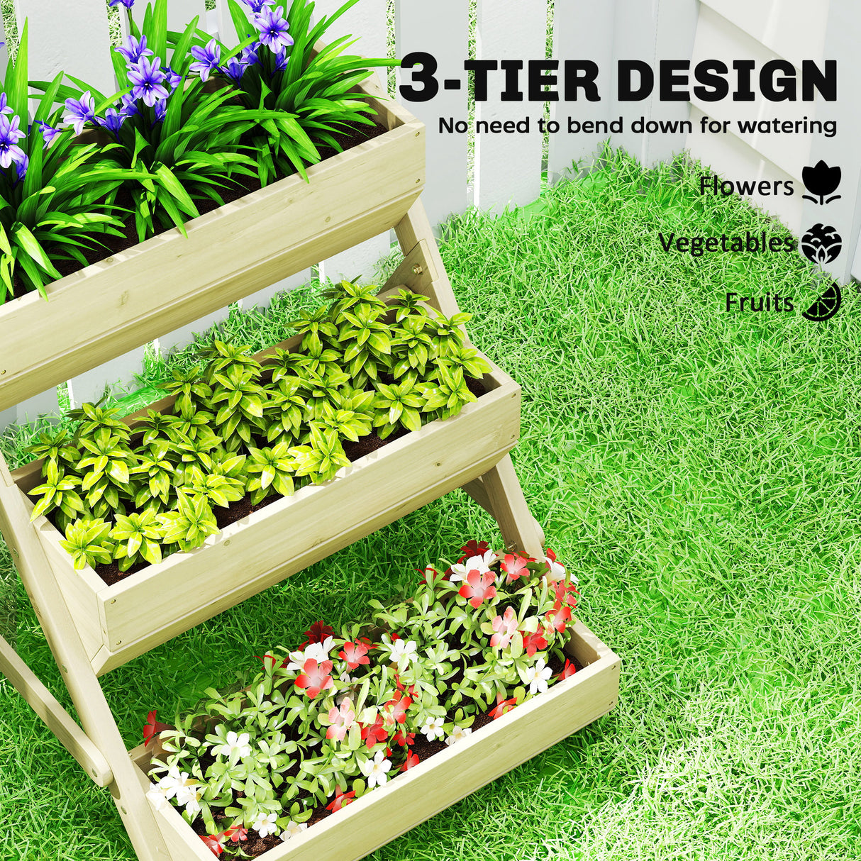 Fir Wood 3 Tier Plant Stand 65cm Wide - Velmora