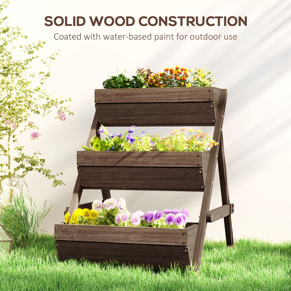 Fir Wood 3 Tier Plant Stand 65cm Wide - Velmora