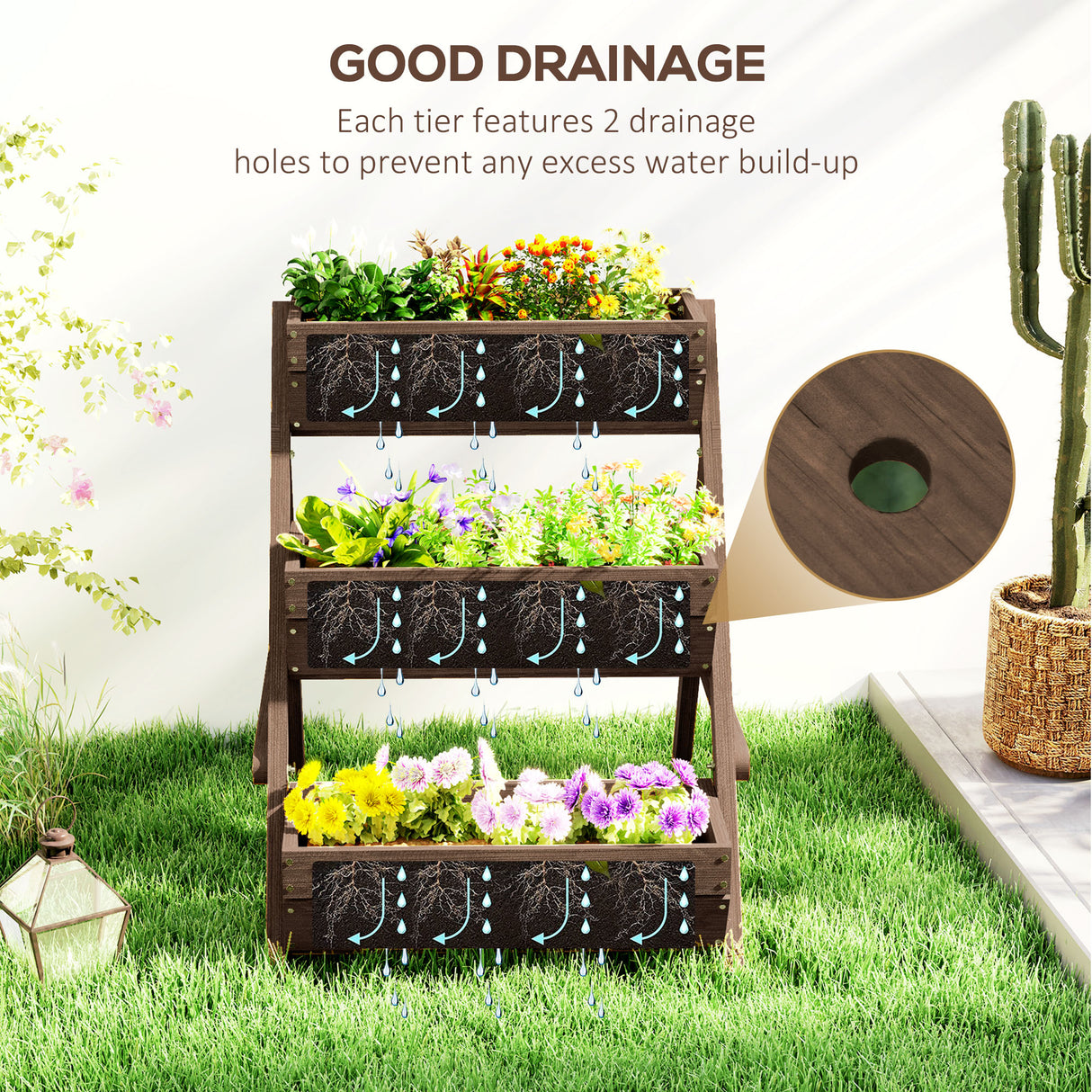 Fir Wood 3 Tier Plant Stand 65cm Wide - Velmora