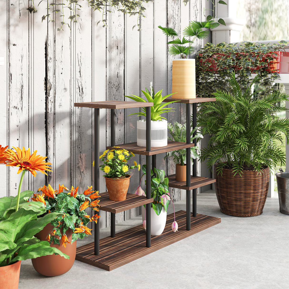 Fir Wood 4 Tier Plant Stand 80cm Wide With Metal Frame - Velmora
