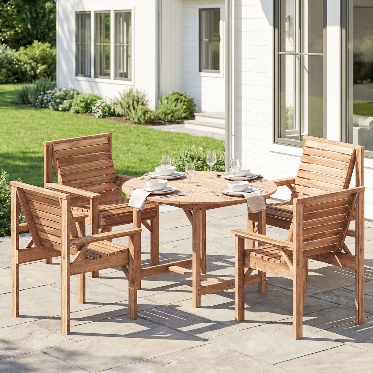 Fir Wood 5 Pieces Round Garden Dining Set With Parasol Hole - Velmora