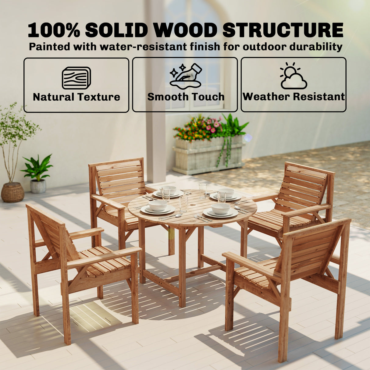 Fir Wood 5 Pieces Round Garden Dining Set With Parasol Hole - Velmora