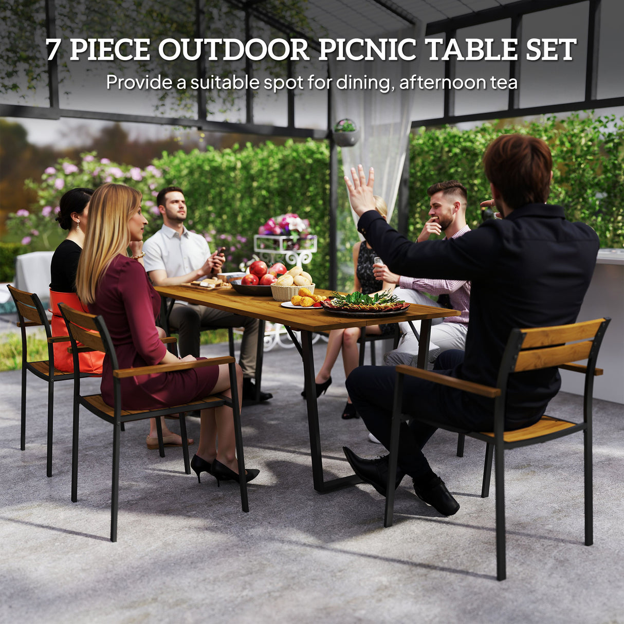 Fir Wood 6 Seater Garden Dining Set With Rectangular Table - Velmora