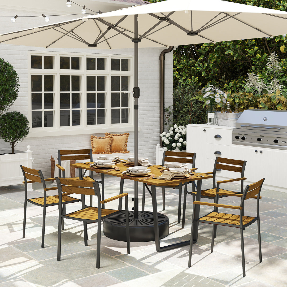 Fir Wood 6 Seater Garden Dining Set With Rectangular Table - Velmora