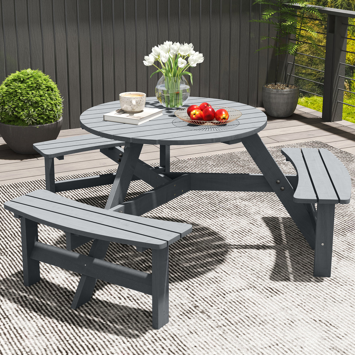 Fir Wood 6 Seater Round Garden Dining Set With Matching Bench - Velmora