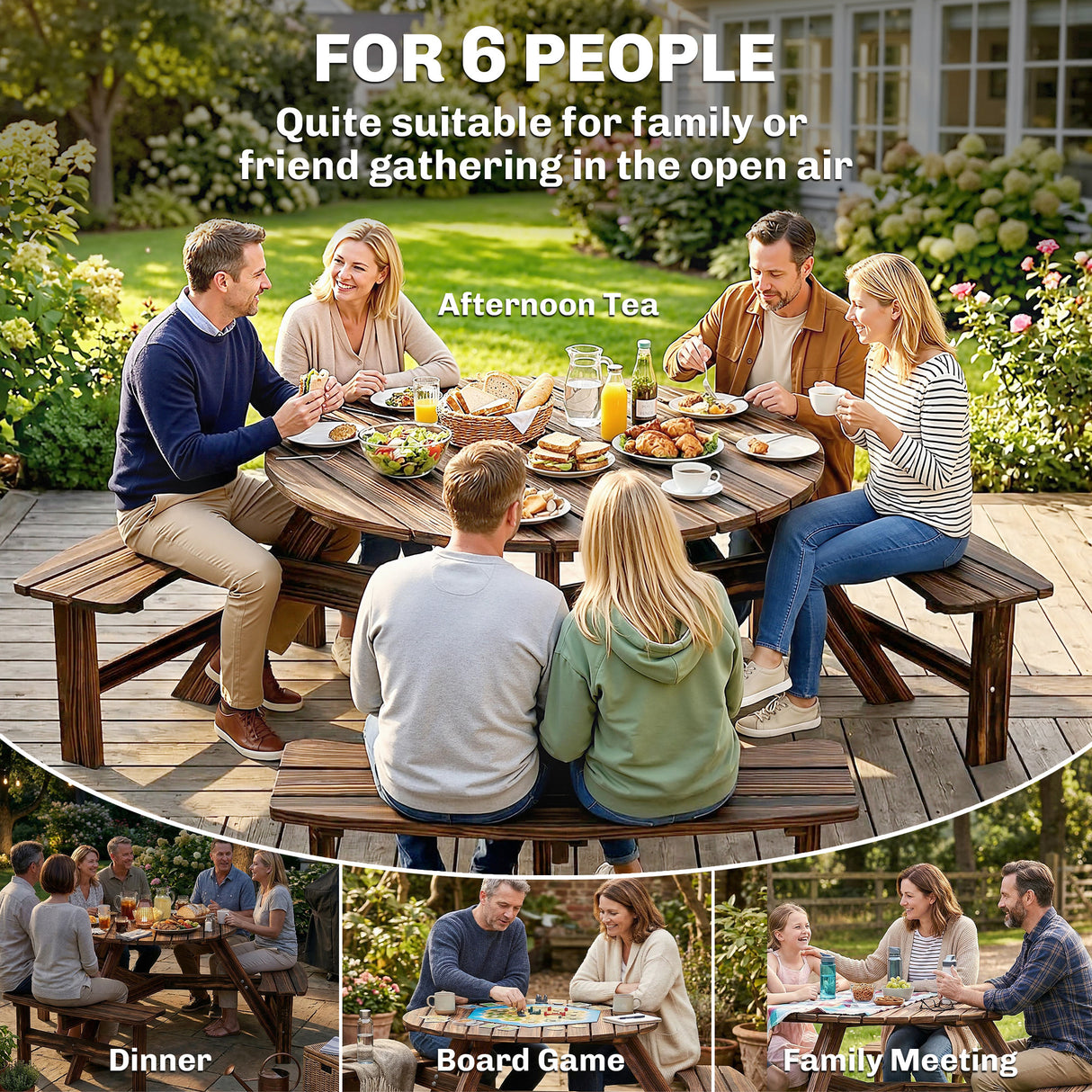 Fir Wood 6 Seater Round Garden Dining Set With Matching Bench - Velmora