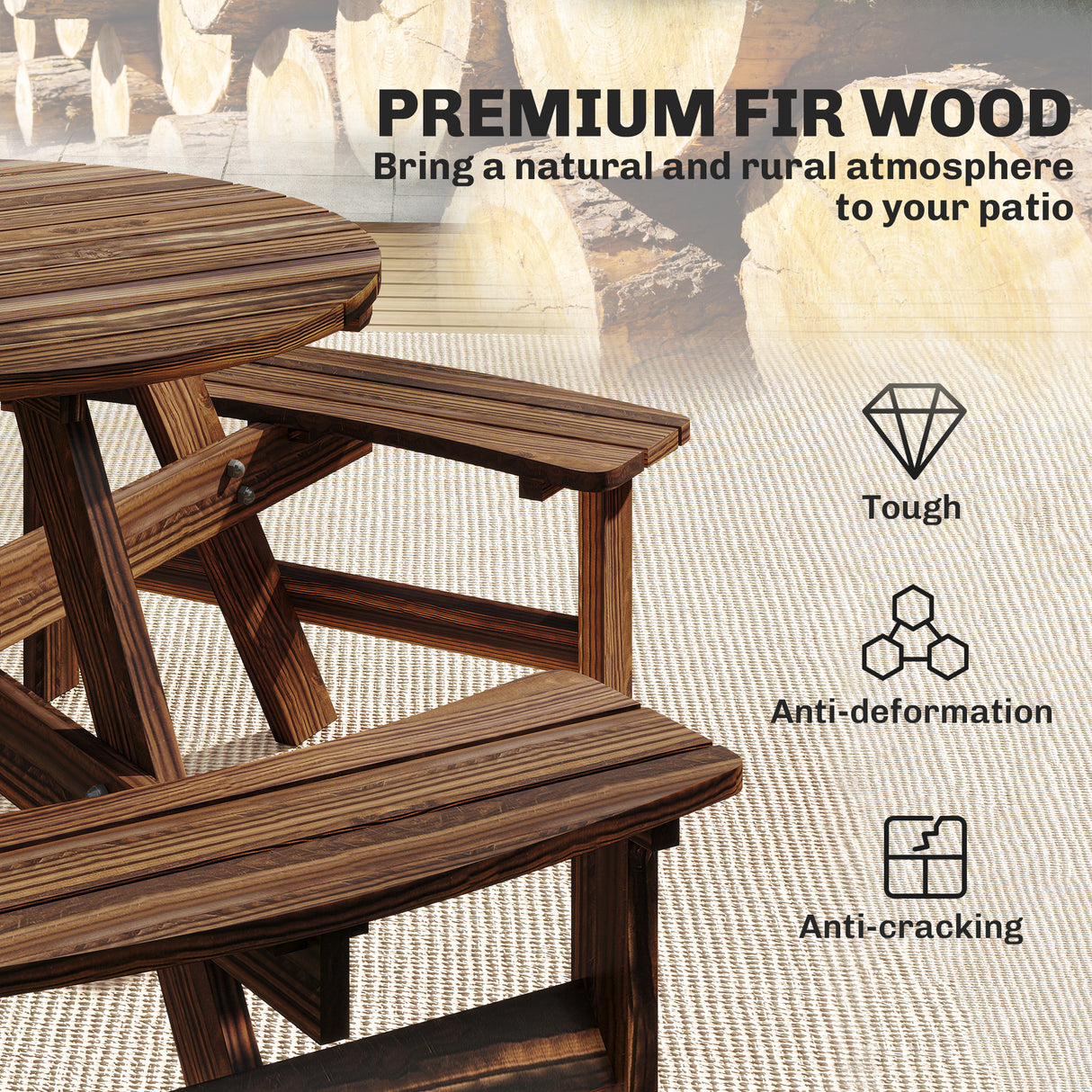 Fir Wood 6 Seater Round Garden Dining Set With Matching Bench - Velmora