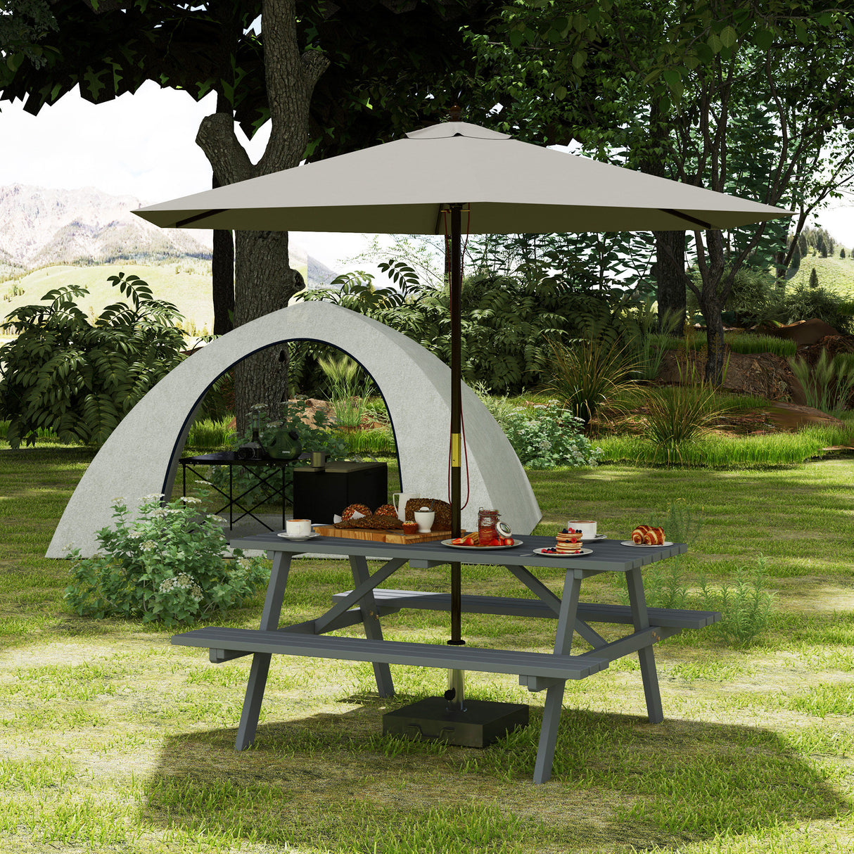Fir Wood 6 Seater Wooden Picnic Garden Dining Set With 2 Benches - Velmora