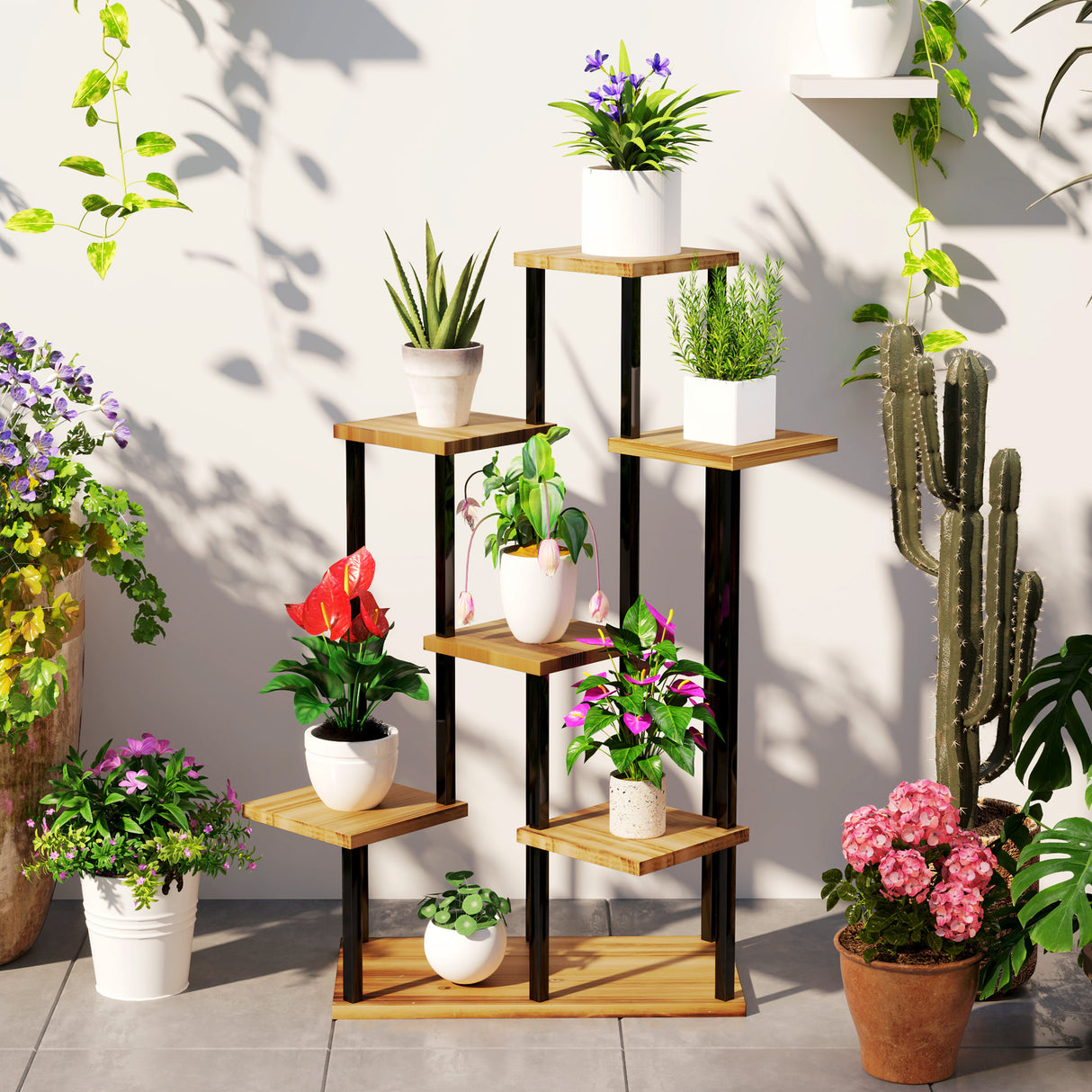 Fir Wood 7 Tier Plant Stand 87cm Wide With Metal Frame - Velmora