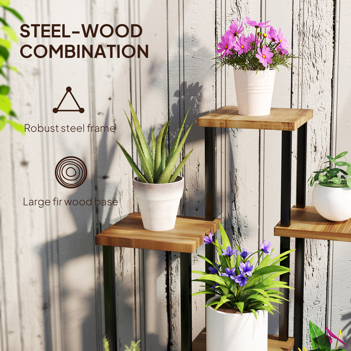 Fir Wood 7 Tier Plant Stand 87cm Wide With Metal Frame - Velmora