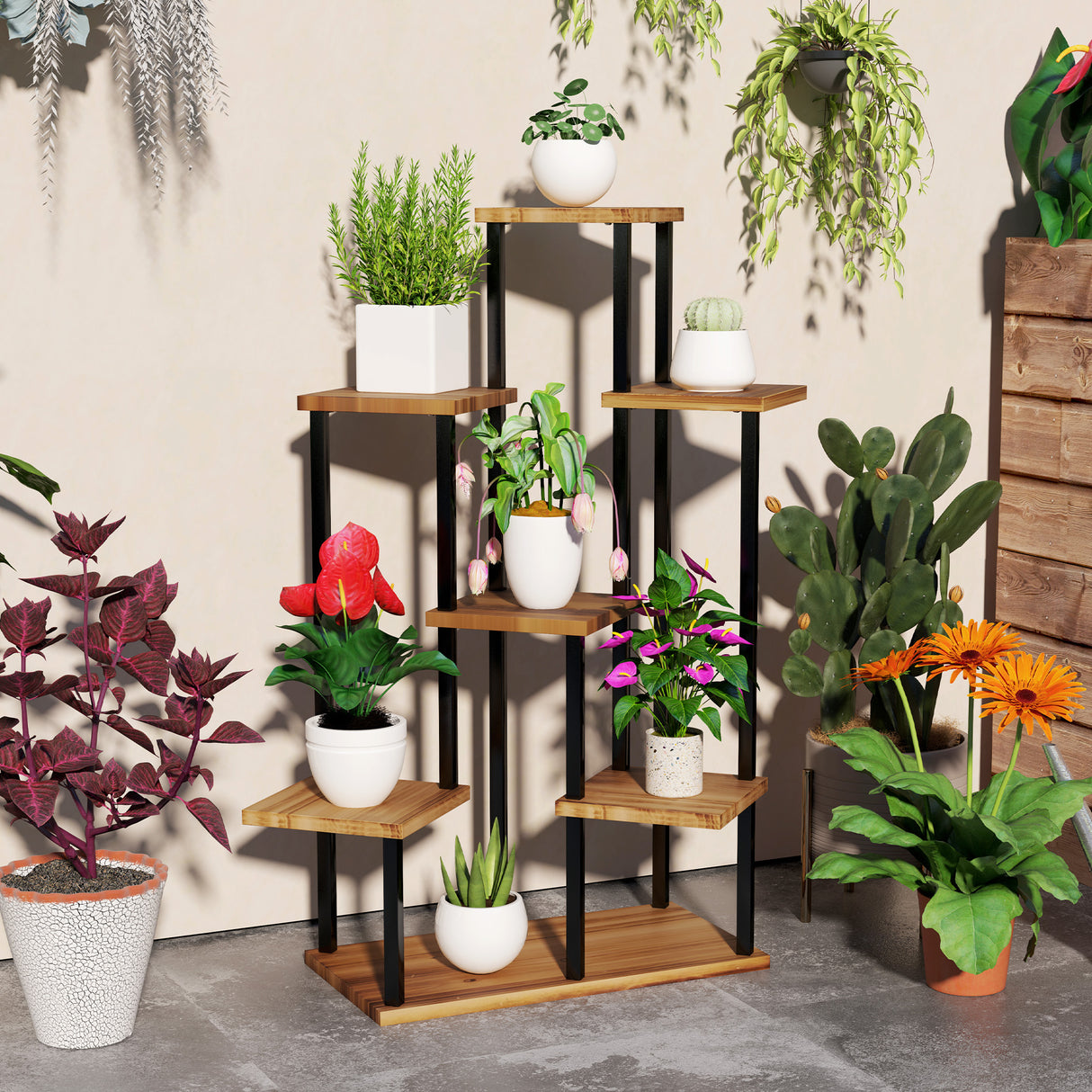 Fir Wood 7 Tier Plant Stand 87cm Wide With Metal Frame - Velmora