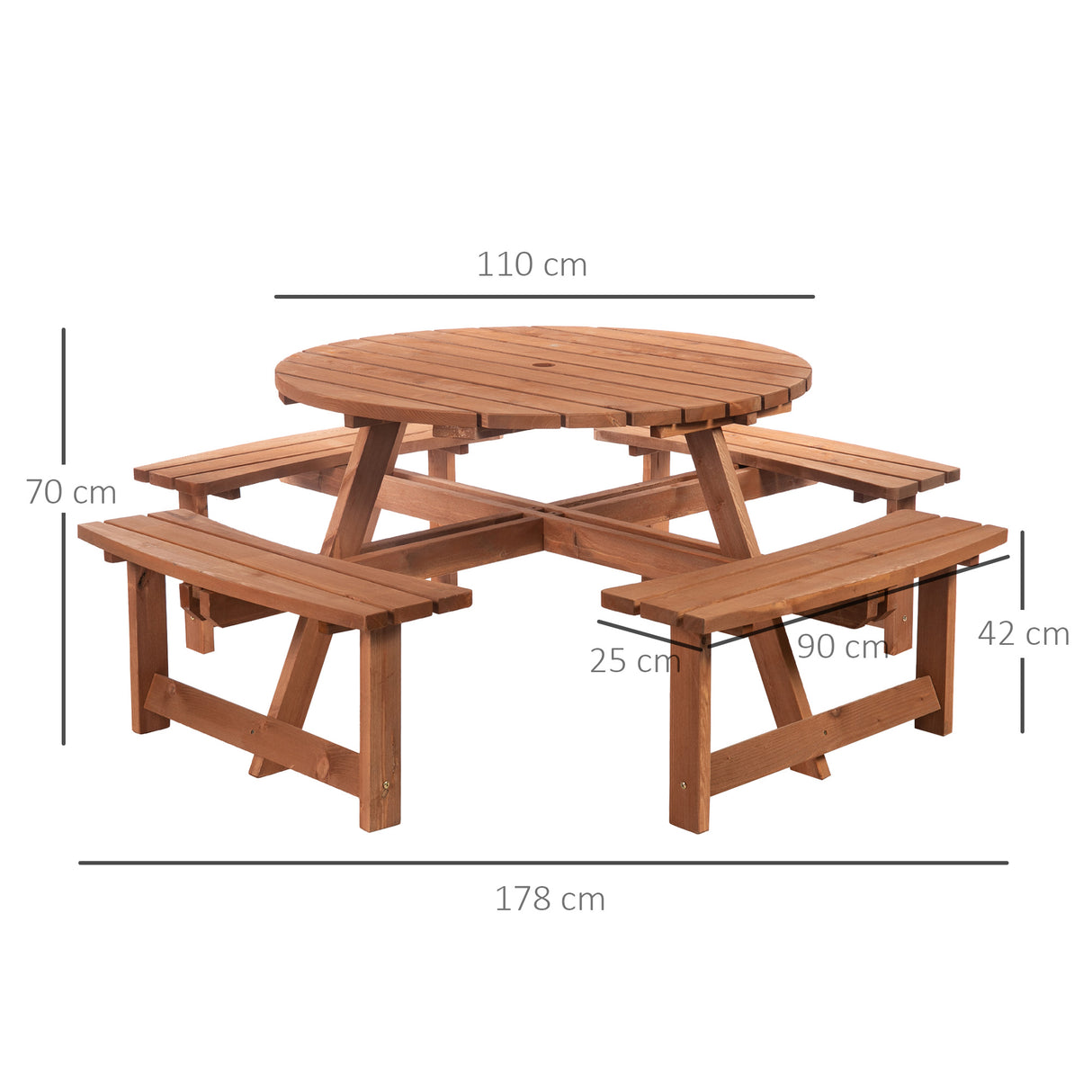 Fir Wood 8 Seater Wooden Picnic Garden Dining Set With Round Table - Velmora