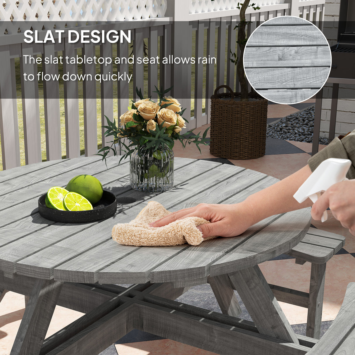 Fir Wood 8 Seater Wooden Picnic Garden Dining Set With Round Table - Velmora