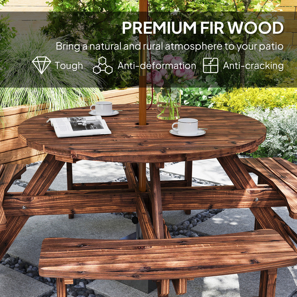 Fir Wood 8 Seater Wooden Picnic Garden Dining Set With Round Table - Velmora