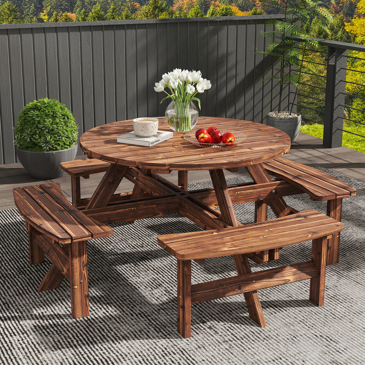 Fir Wood 8 Seater Wooden Picnic Garden Dining Set With Round Table - Velmora
