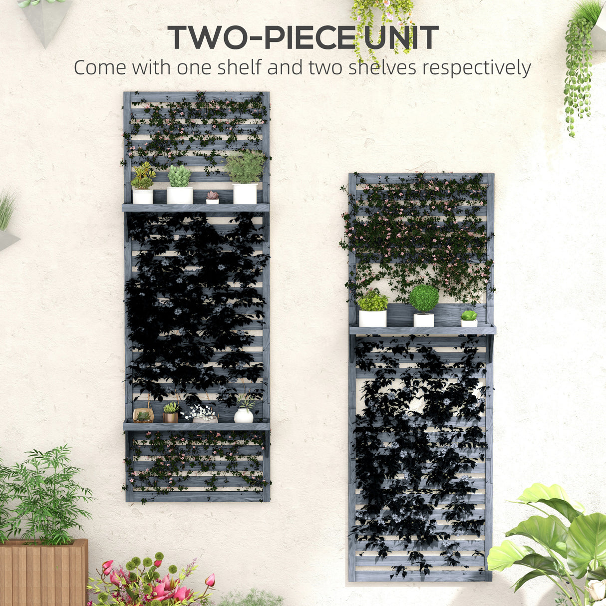 Fir Wood Flower Stand With Shelves 60cm Wide in Set Of 2 - Velmora
