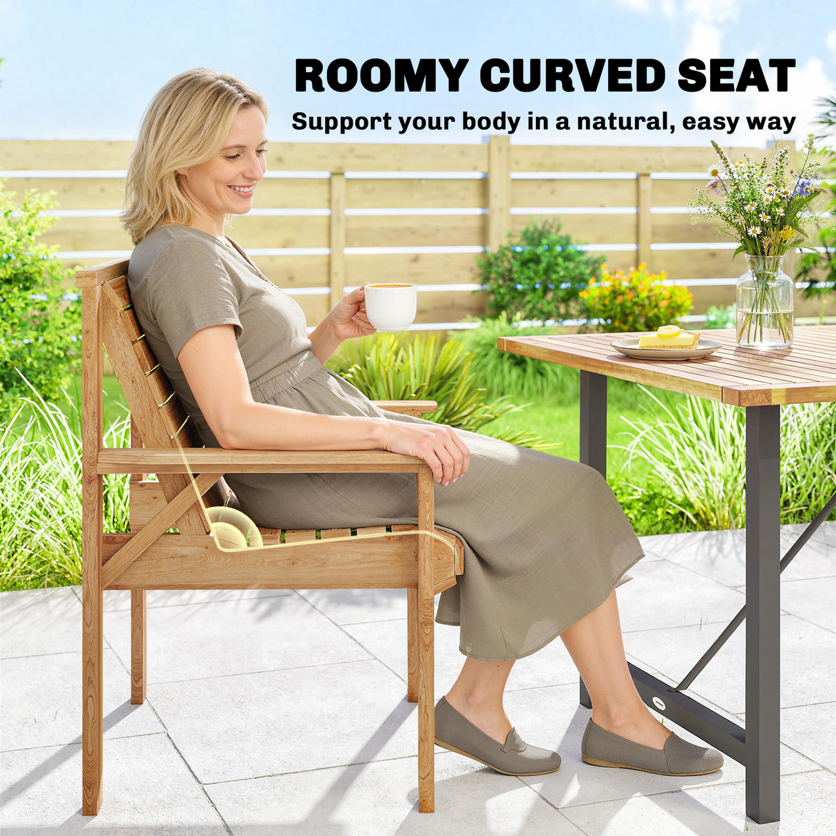Fir Wood Garden Dining Chair With Curved Seat - Velmora