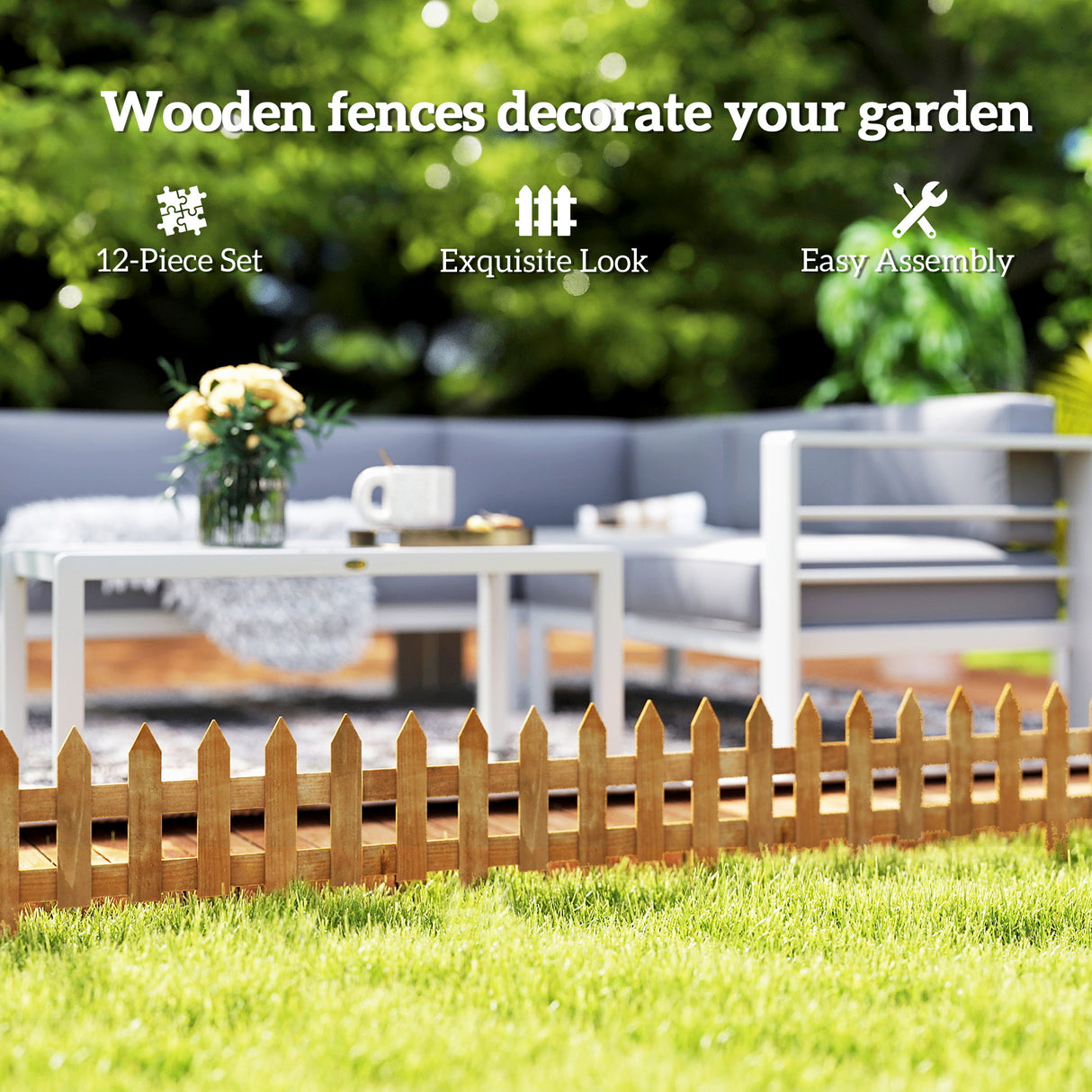 Fir Wood Garden Fixed Picket Fence Panels 60cm Wide in Set Of 12 - Velmora