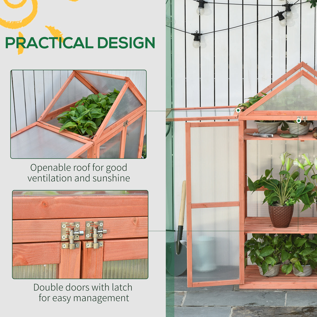 Fir Wood Garden Polycarbonate Greenhouse With 2 Doors - Velmora