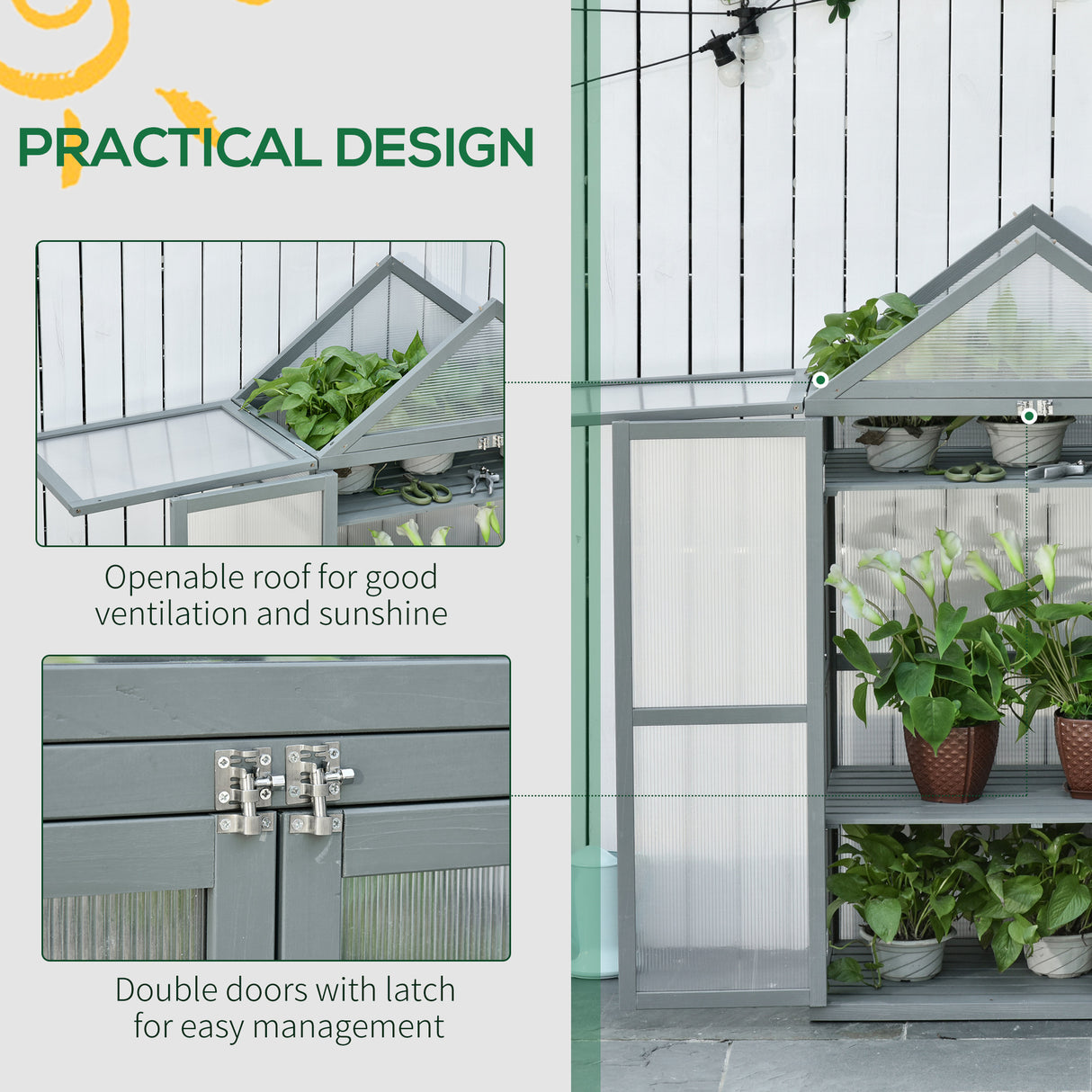Fir Wood Garden Polycarbonate Greenhouse With 2 Doors - Velmora