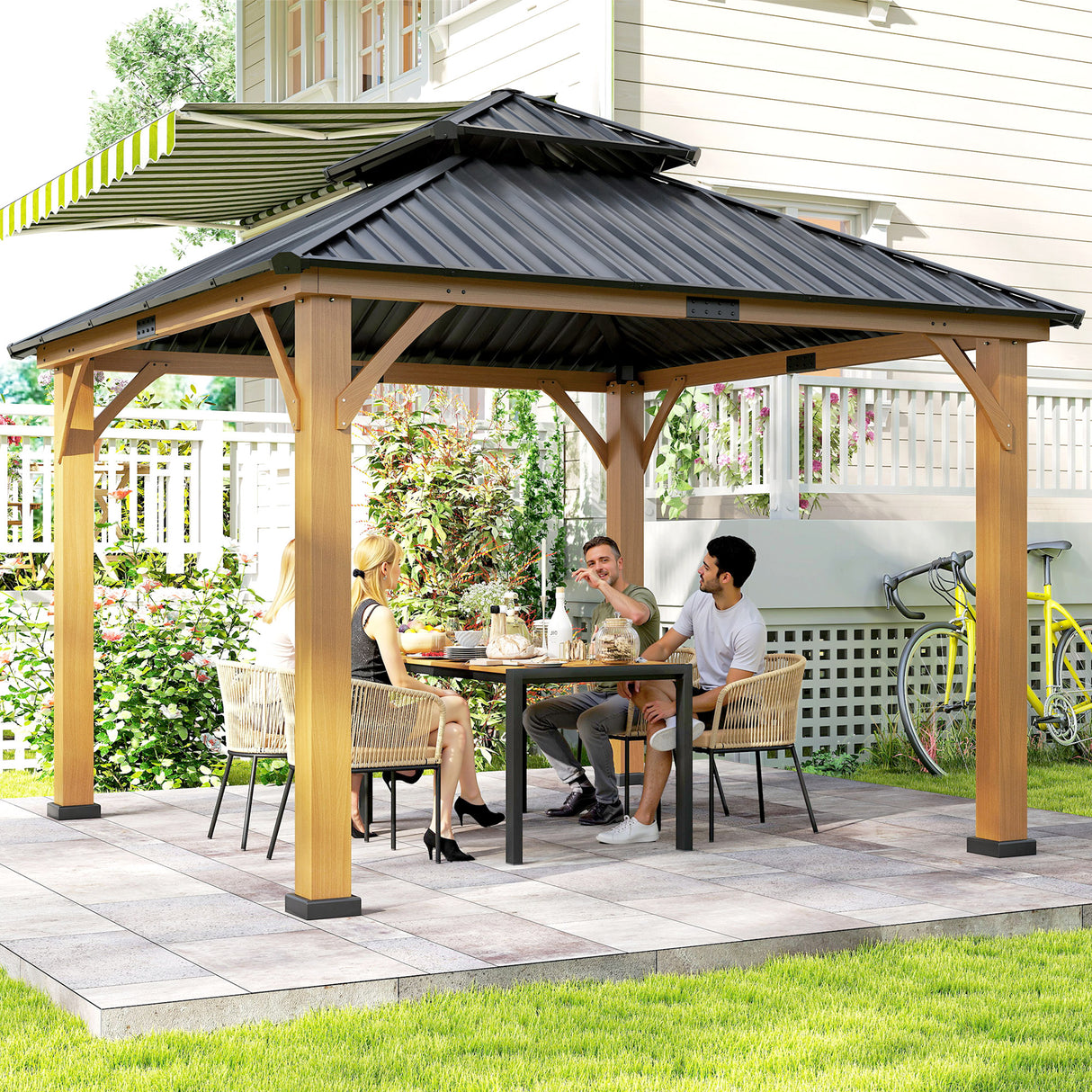Fir Wood Hardtop Gazebo 340cm Width x 340cm Depth With Double Metal Roof - Velmora