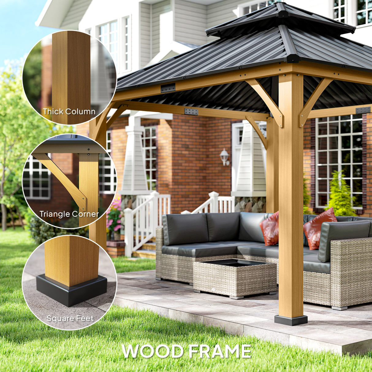 Fir Wood Hardtop Gazebo 340cm Width x 340cm Depth With Double Metal Roof - Velmora