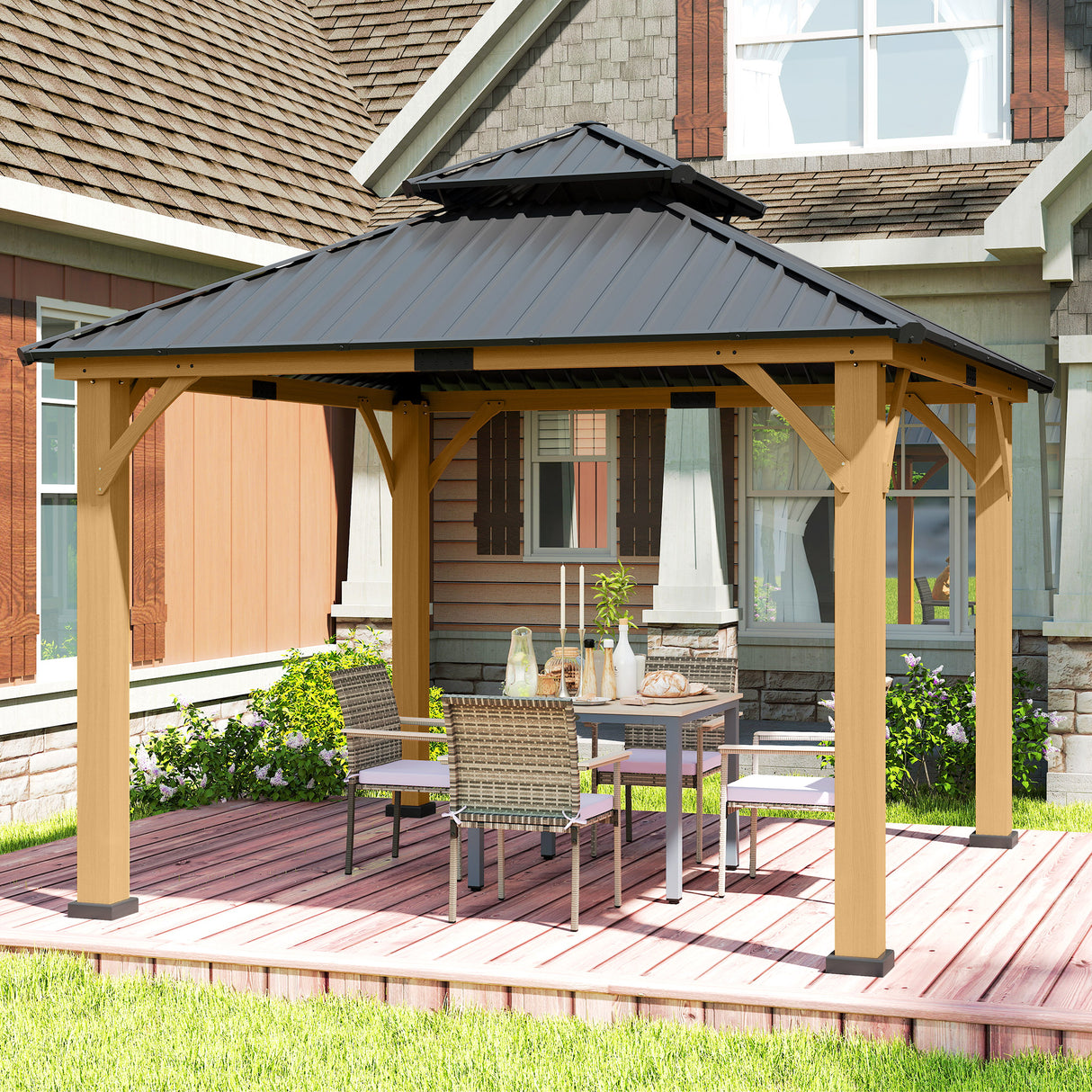 Fir Wood Hardtop Gazebo 340cm Width x 340cm Depth With Double Metal Roof - Velmora
