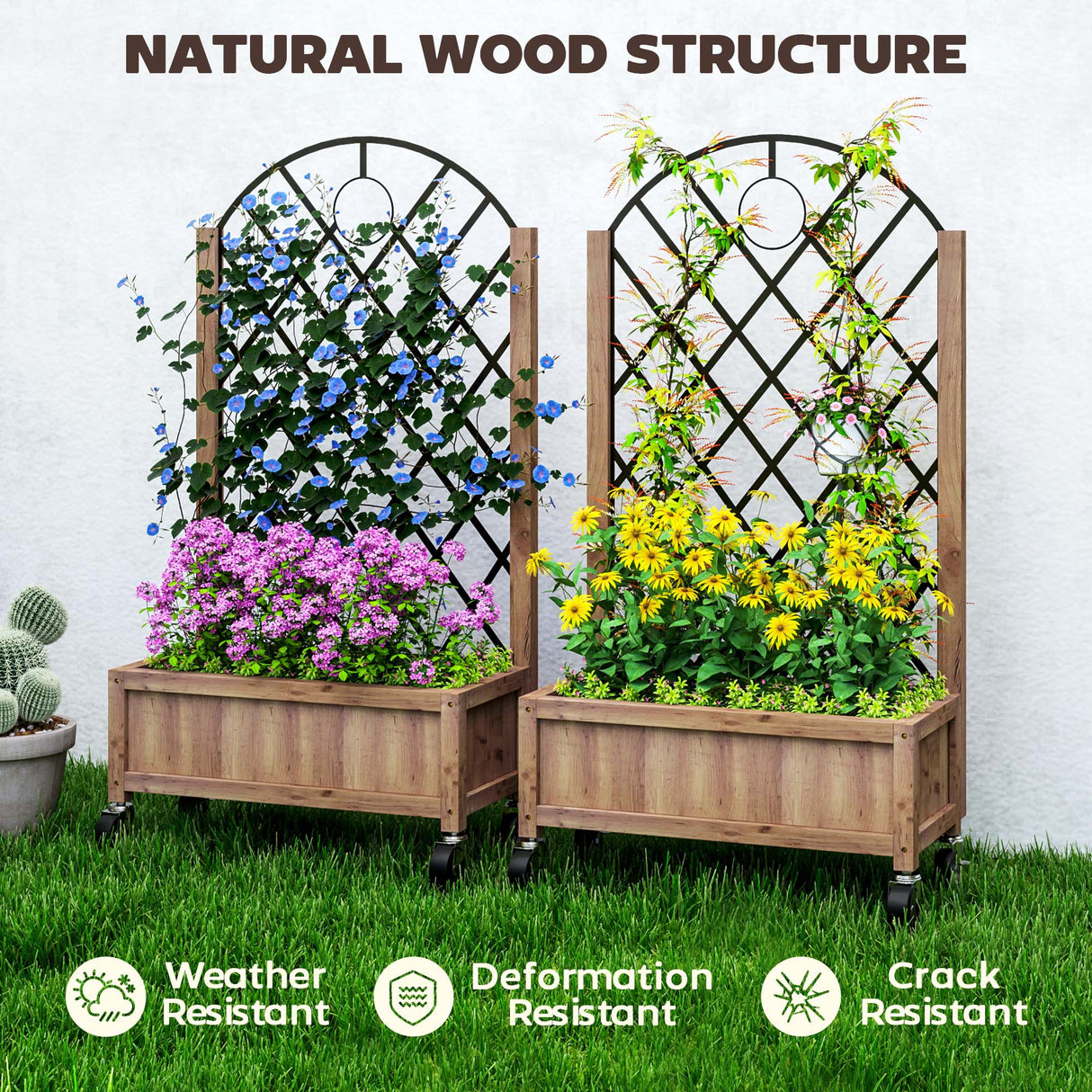 Fir Wood Outdoor Garden Planter Box With Wheels 52cm Wide in Set Of 2 - Velmora