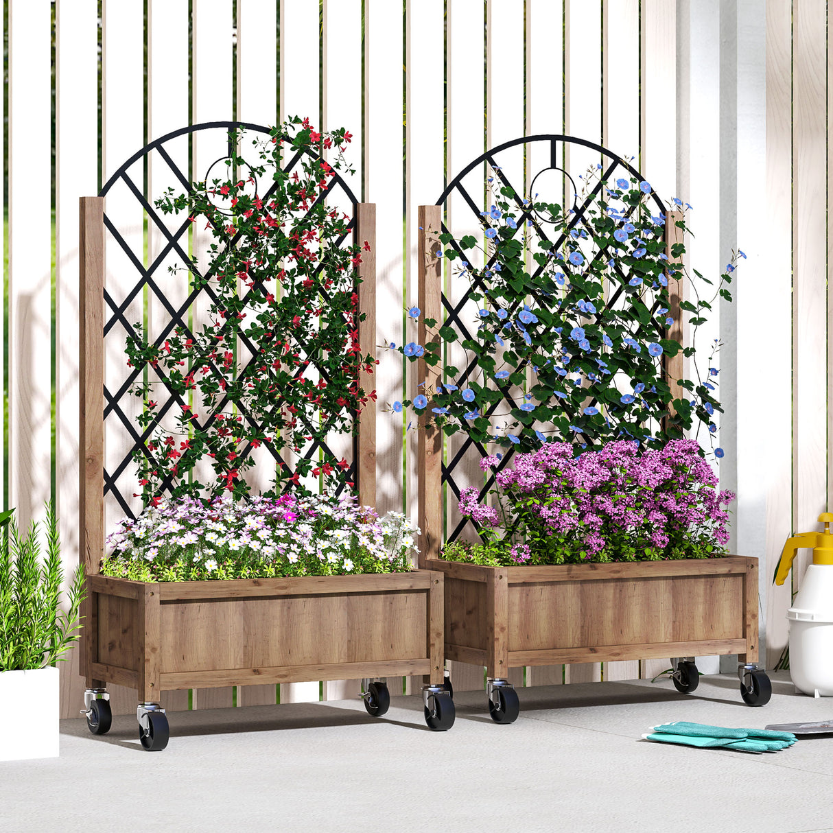 Fir Wood Outdoor Garden Planter Box With Wheels 52cm Wide in Set Of 2 - Velmora